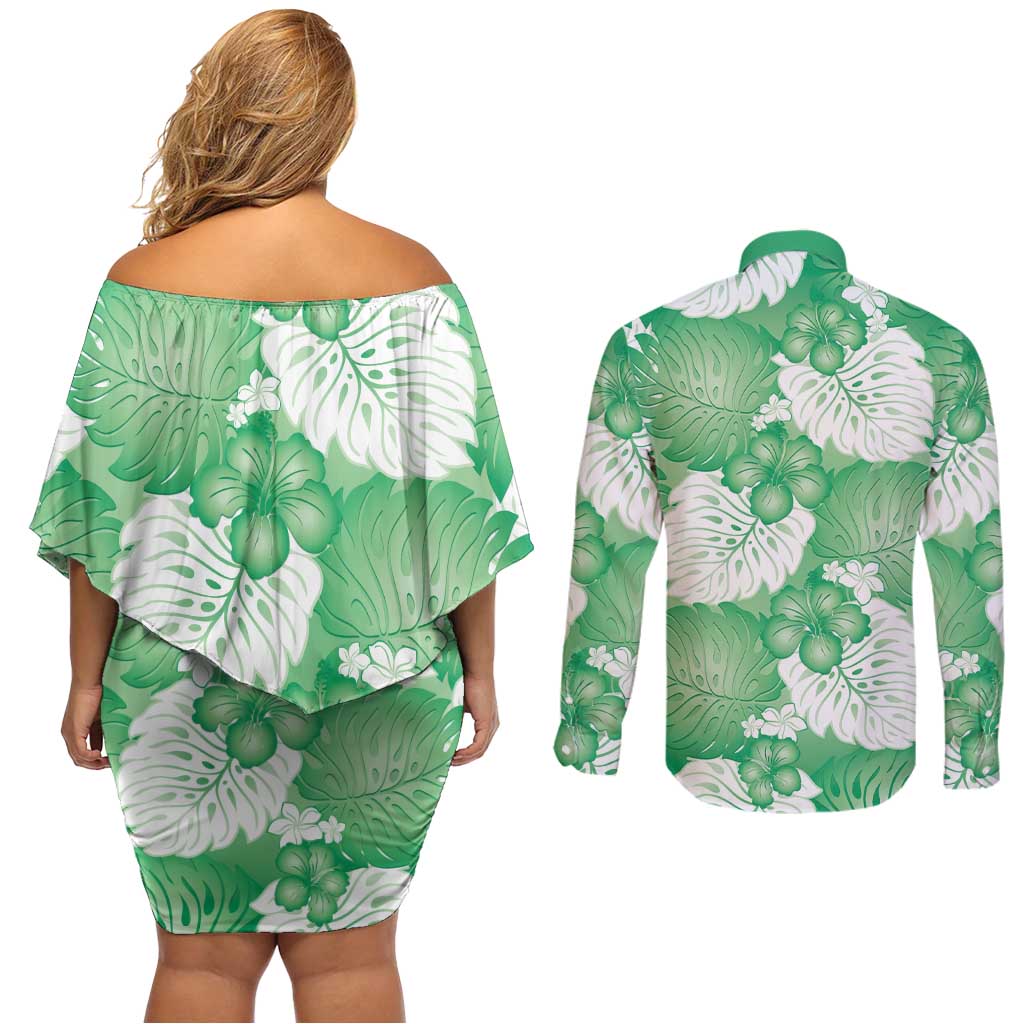 Green Aloha Hawaii Couples Matching Off Shoulder Short Dress and Long Sleeve Button Shirt Monstera Hibiscus Plumeria Seamless Vibes LT14 - Polynesian Pride