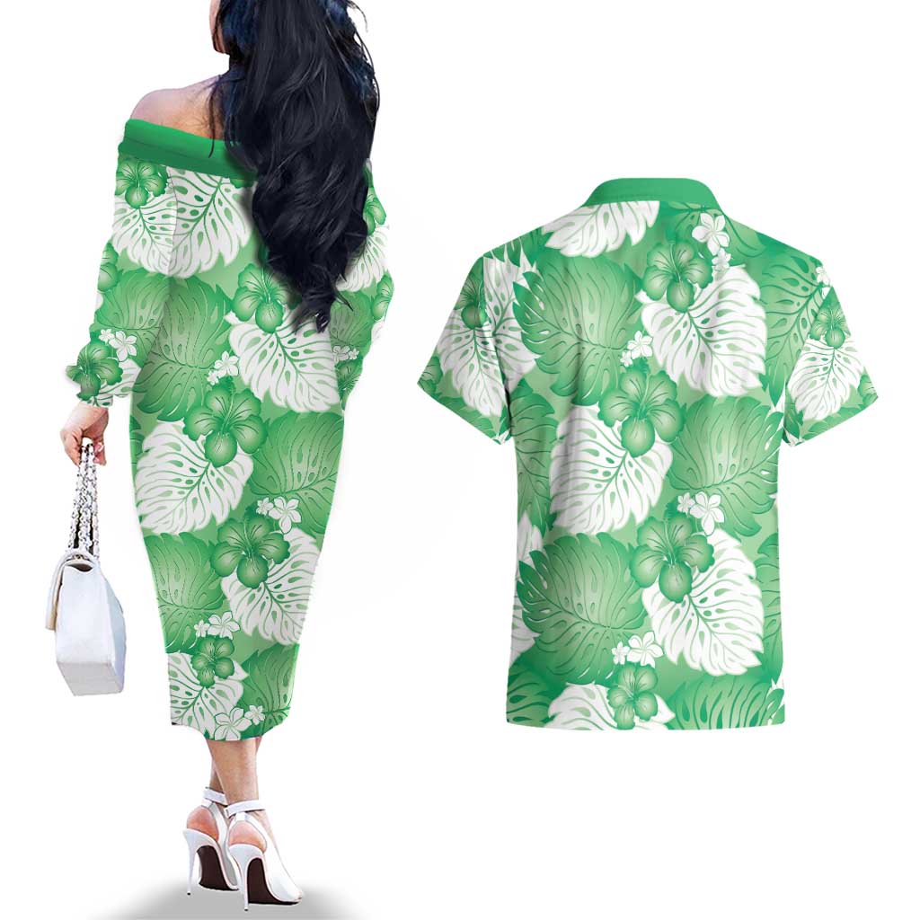 Green Aloha Hawaii Couples Matching Off The Shoulder Long Sleeve Dress and Hawaiian Shirt Monstera Hibiscus Plumeria Seamless Vibes LT14 - Polynesian Pride