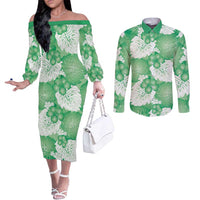 Green Aloha Hawaii Couples Matching Off The Shoulder Long Sleeve Dress and Long Sleeve Button Shirt Monstera Hibiscus Plumeria Seamless Vibes LT14 Green - Polynesian Pride