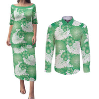 Green Aloha Hawaii Couples Matching Puletasi and Long Sleeve Button Shirt Monstera Hibiscus Plumeria Seamless Vibes LT14 Green - Polynesian Pride