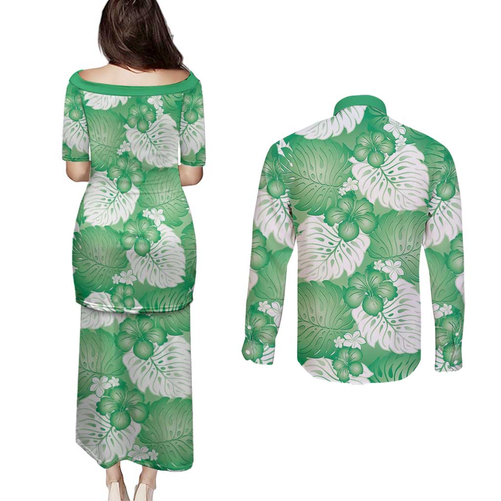 Green Aloha Hawaii Couples Matching Puletasi and Long Sleeve Button Shirt Monstera Hibiscus Plumeria Seamless Vibes LT14 - Polynesian Pride