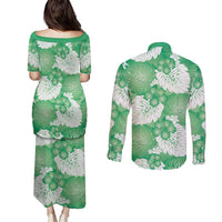 Green Aloha Hawaii Couples Matching Puletasi and Long Sleeve Button Shirt Monstera Hibiscus Plumeria Seamless Vibes LT14 - Polynesian Pride