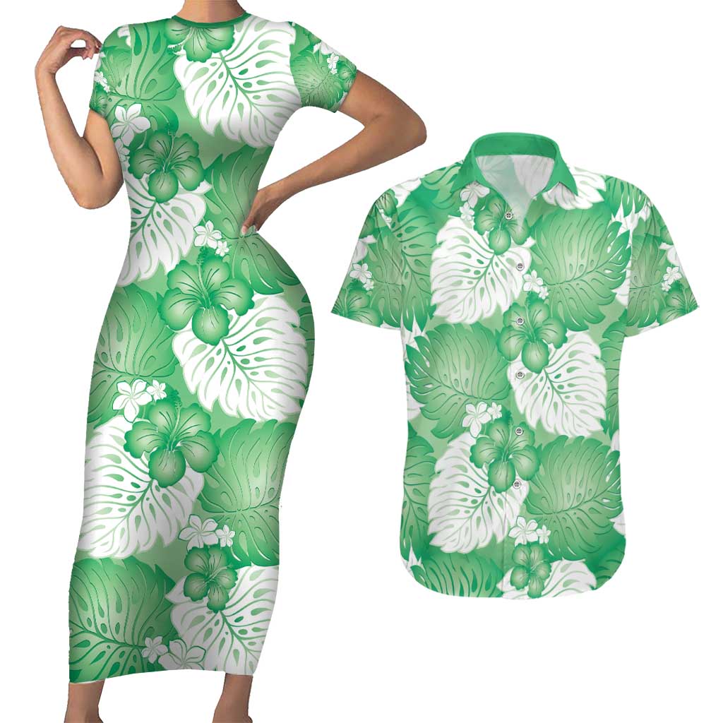 Green Aloha Hawaii Couples Matching Short Sleeve Bodycon Dress and Hawaiian Shirt Monstera Hibiscus Plumeria Seamless Vibes LT14 Green - Polynesian Pride