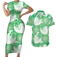 Green Aloha Hawaii Couples Matching Short Sleeve Bodycon Dress and Hawaiian Shirt Monstera Hibiscus Plumeria Seamless Vibes LT14 Green - Polynesian Pride