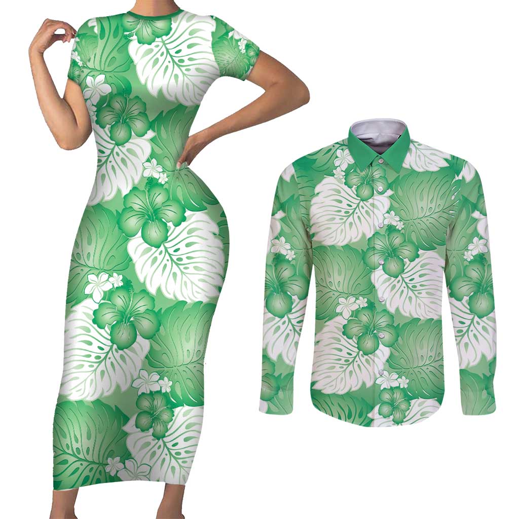 Green Aloha Hawaii Couples Matching Short Sleeve Bodycon Dress and Long Sleeve Button Shirt Monstera Hibiscus Plumeria Seamless Vibes LT14 Green - Polynesian Pride
