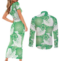 Green Aloha Hawaii Couples Matching Short Sleeve Bodycon Dress and Long Sleeve Button Shirt Monstera Hibiscus Plumeria Seamless Vibes LT14 - Polynesian Pride
