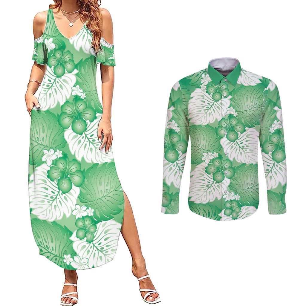 Green Aloha Hawaii Couples Matching Summer Maxi Dress and Long Sleeve Button Shirt Monstera Hibiscus Plumeria Seamless Vibes LT14 Green - Polynesian Pride