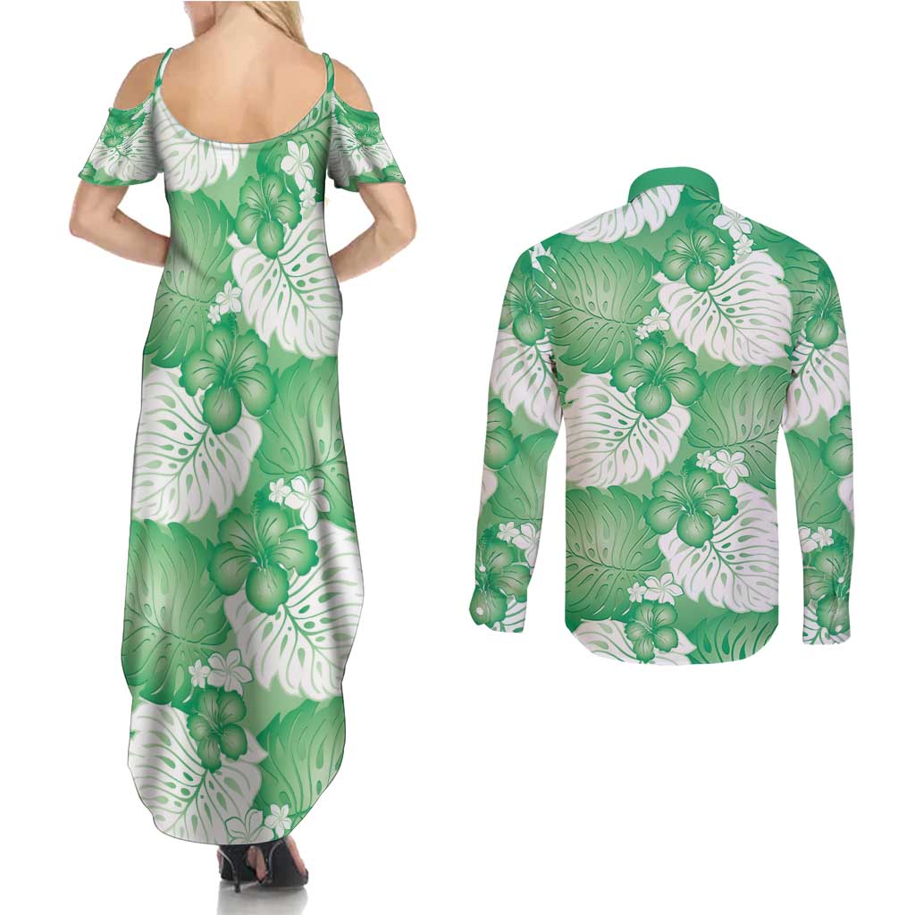 Green Aloha Hawaii Couples Matching Summer Maxi Dress and Long Sleeve Button Shirt Monstera Hibiscus Plumeria Seamless Vibes LT14 - Polynesian Pride
