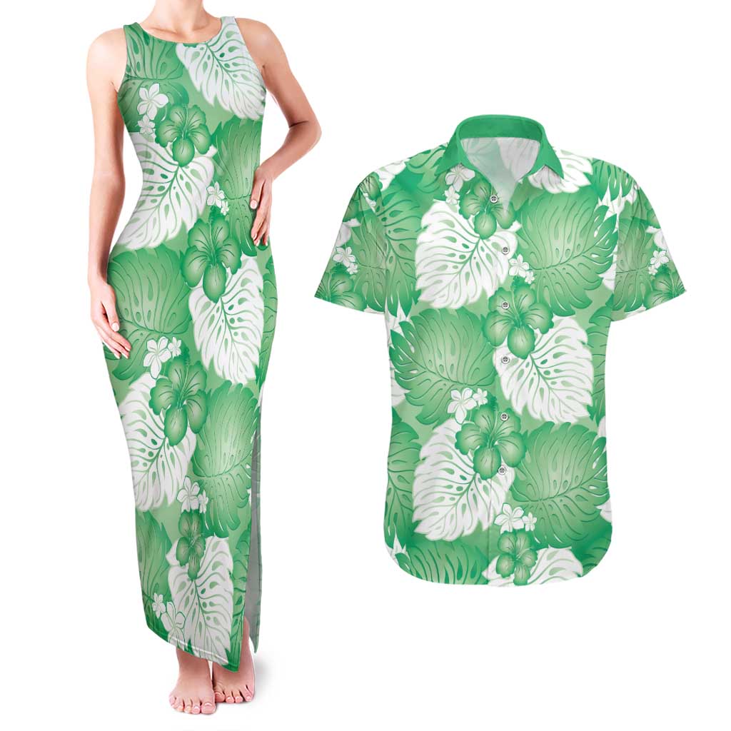 Green Aloha Hawaii Couples Matching Tank Maxi Dress and Hawaiian Shirt Monstera Hibiscus Plumeria Seamless Vibes LT14 Green - Polynesian Pride