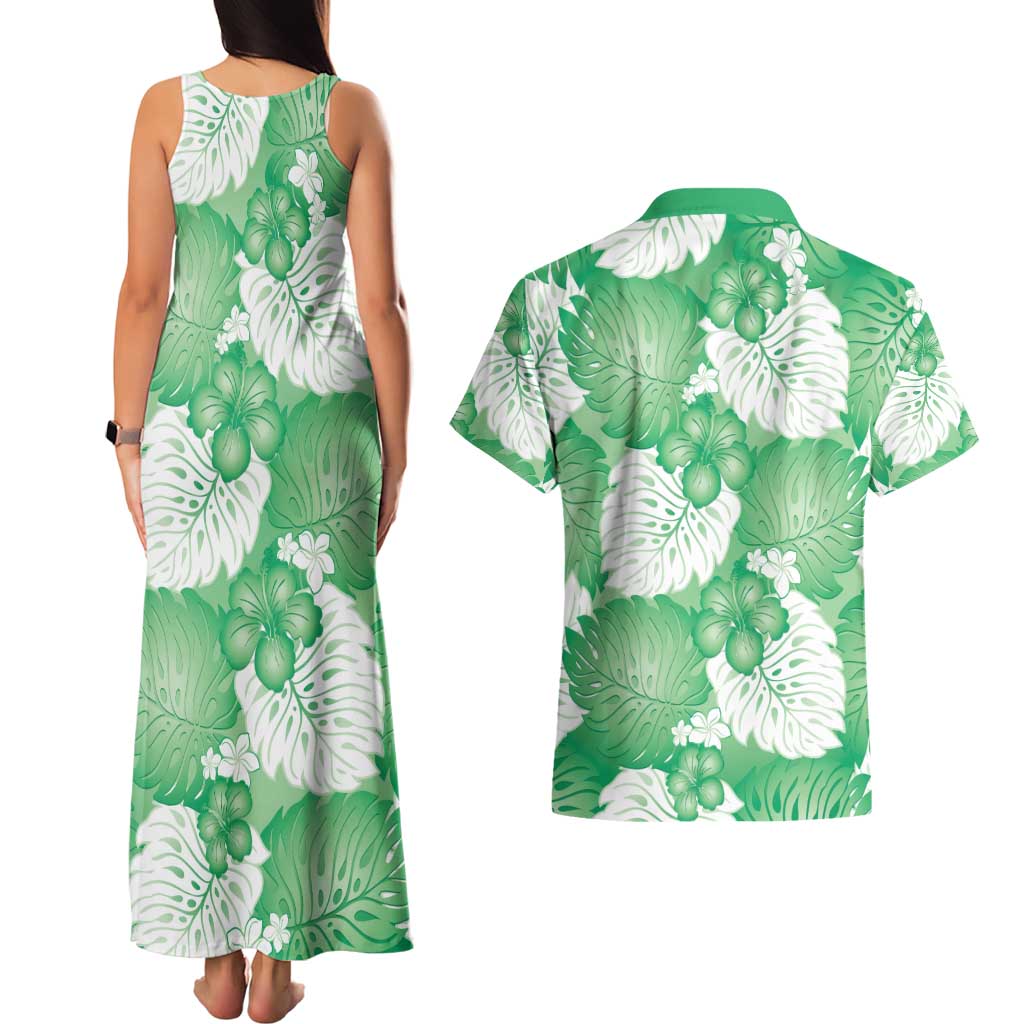 Green Aloha Hawaii Couples Matching Tank Maxi Dress and Hawaiian Shirt Monstera Hibiscus Plumeria Seamless Vibes LT14 - Polynesian Pride
