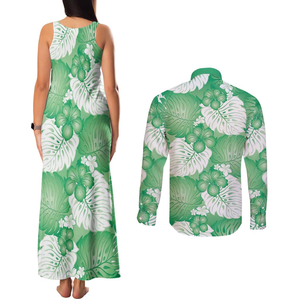 Green Aloha Hawaii Couples Matching Tank Maxi Dress and Long Sleeve Button Shirt Monstera Hibiscus Plumeria Seamless Vibes LT14 - Polynesian Pride