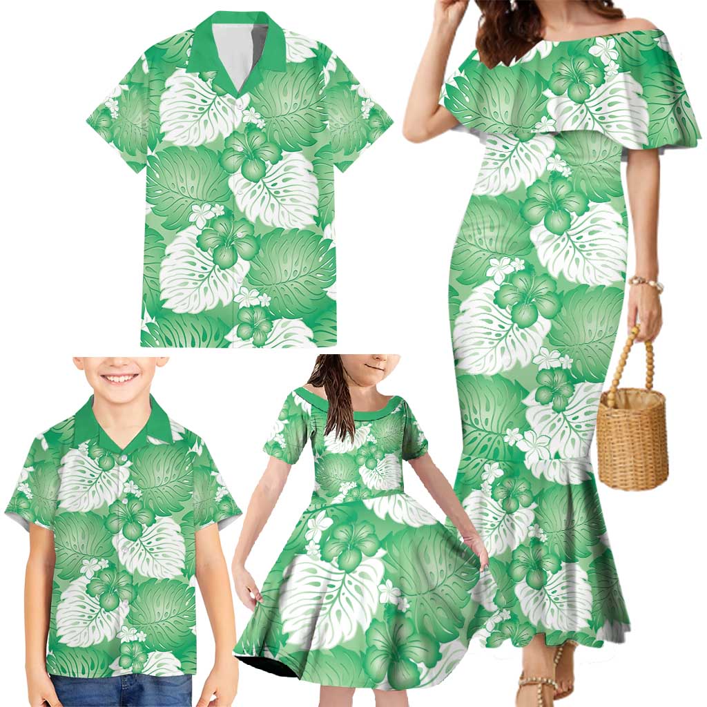 Green Aloha Hawaii Family Matching Mermaid Dress and Hawaiian Shirt Monstera Hibiscus Plumeria Seamless Vibes LT14 - Polynesian Pride