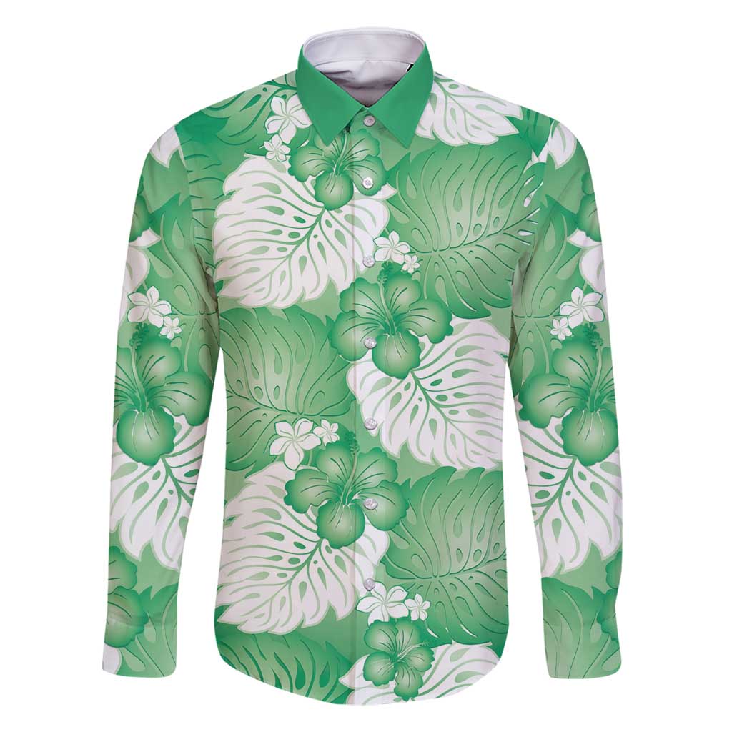 Green Aloha Hawaii Family Matching Mermaid Dress and Hawaiian Shirt Monstera Hibiscus Plumeria Seamless Vibes LT14 Dad's Shirt - Long Sleeve Green - Polynesian Pride