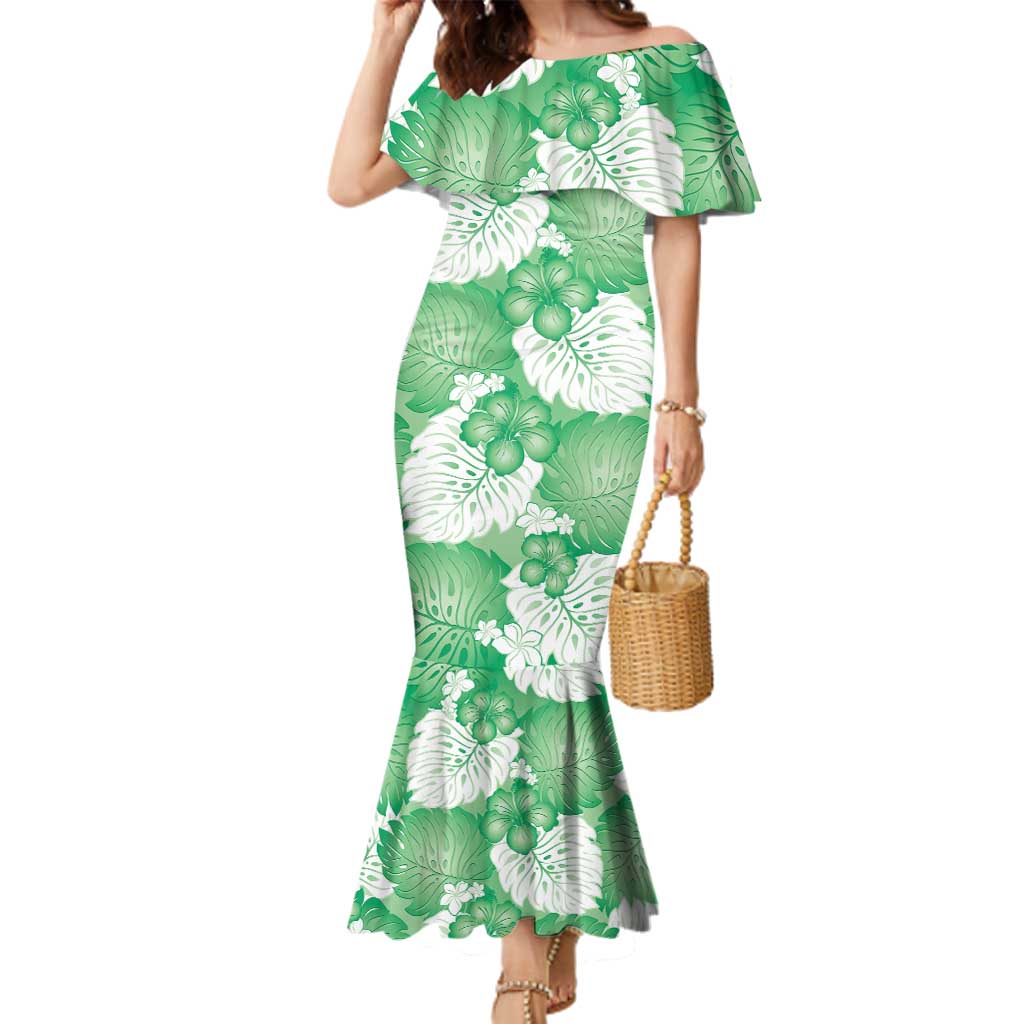 Green Aloha Hawaii Family Matching Mermaid Dress and Hawaiian Shirt Monstera Hibiscus Plumeria Seamless Vibes LT14 Mom's Dress Green - Polynesian Pride