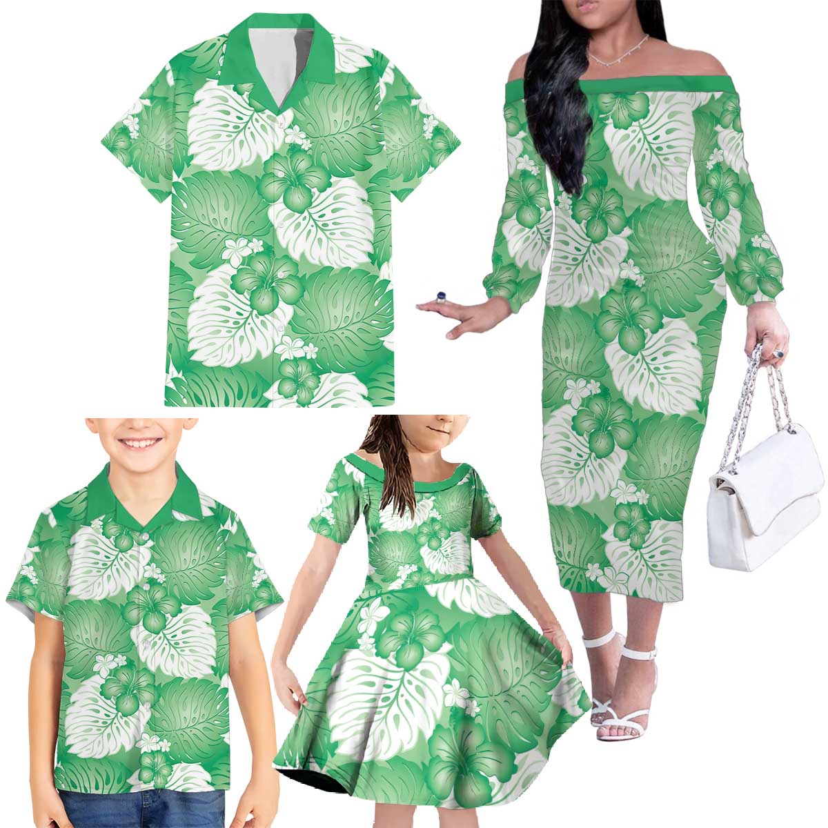 Green Aloha Hawaii Family Matching Off The Shoulder Long Sleeve Dress and Hawaiian Shirt Monstera Hibiscus Plumeria Seamless Vibes LT14 - Polynesian Pride