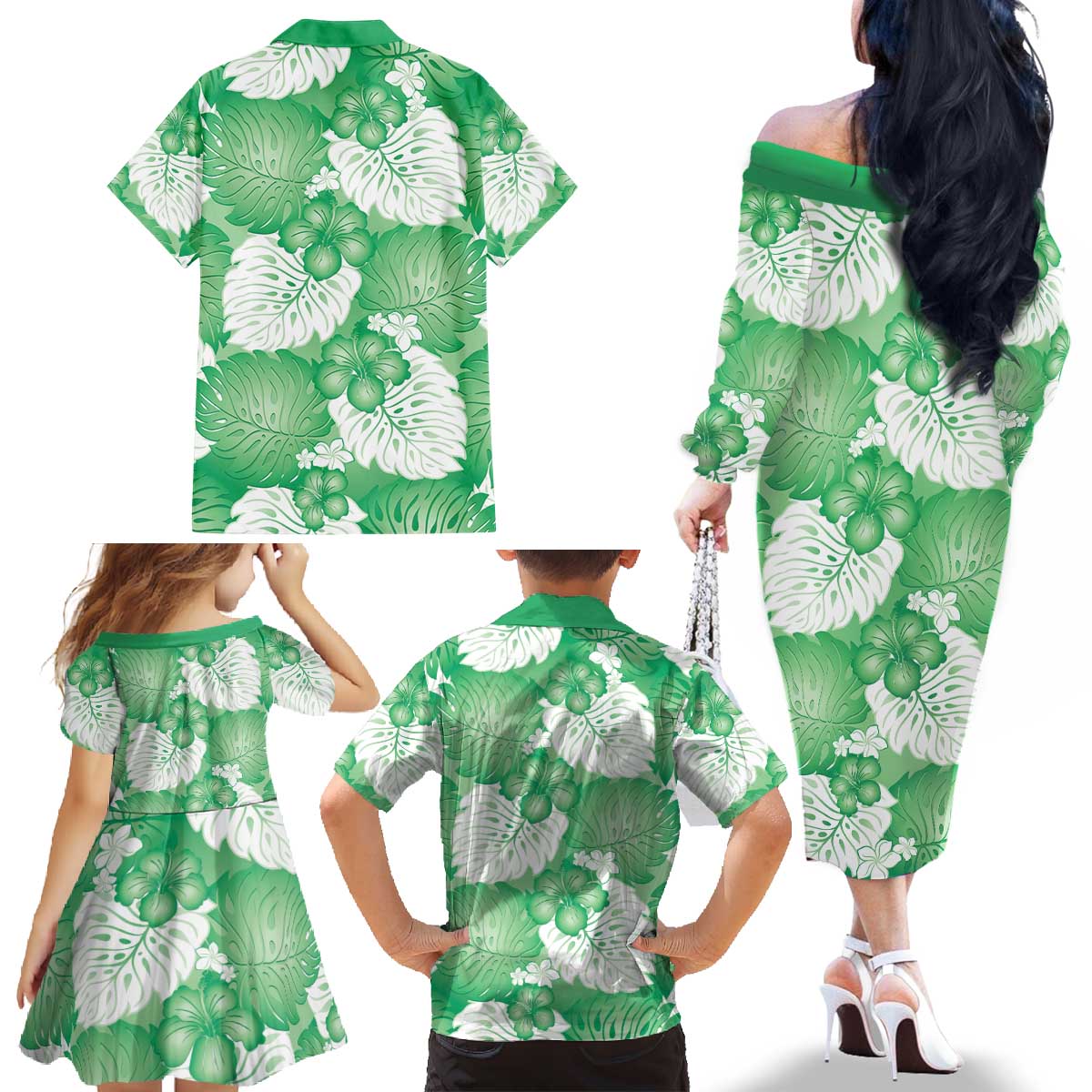 Green Aloha Hawaii Family Matching Off The Shoulder Long Sleeve Dress and Hawaiian Shirt Monstera Hibiscus Plumeria Seamless Vibes LT14 - Polynesian Pride