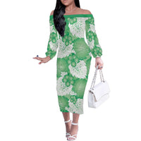 Green Aloha Hawaii Family Matching Off The Shoulder Long Sleeve Dress and Hawaiian Shirt Monstera Hibiscus Plumeria Seamless Vibes LT14 Mom's Dress Green - Polynesian Pride