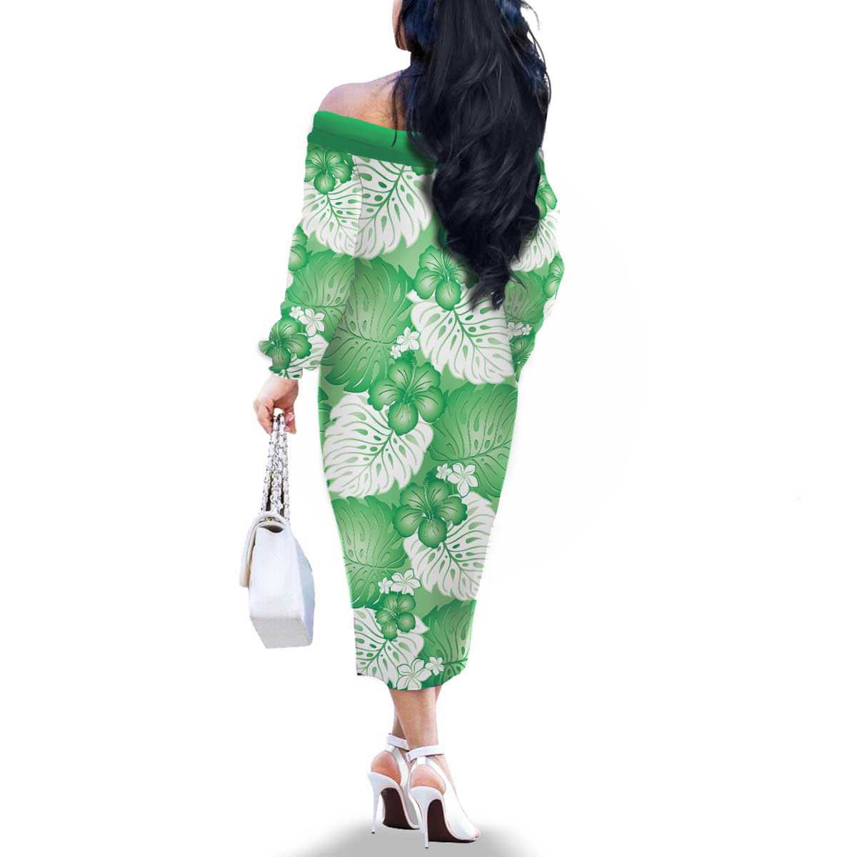 Green Aloha Hawaii Family Matching Off The Shoulder Long Sleeve Dress and Hawaiian Shirt Monstera Hibiscus Plumeria Seamless Vibes LT14 - Polynesian Pride