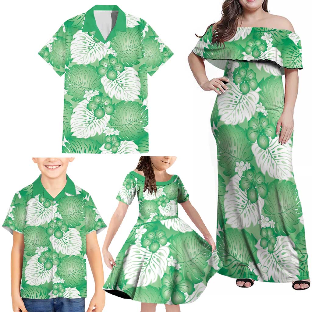 Green Aloha Hawaii Family Matching Off Shoulder Maxi Dress and Hawaiian Shirt Monstera Hibiscus Plumeria Seamless Vibes LT14 - Polynesian Pride