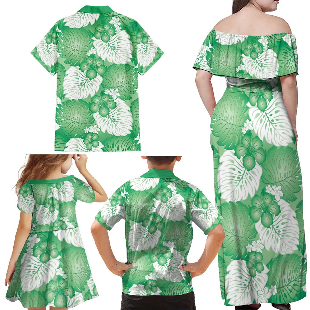 Green Aloha Hawaii Family Matching Off Shoulder Maxi Dress and Hawaiian Shirt Monstera Hibiscus Plumeria Seamless Vibes LT14 - Polynesian Pride
