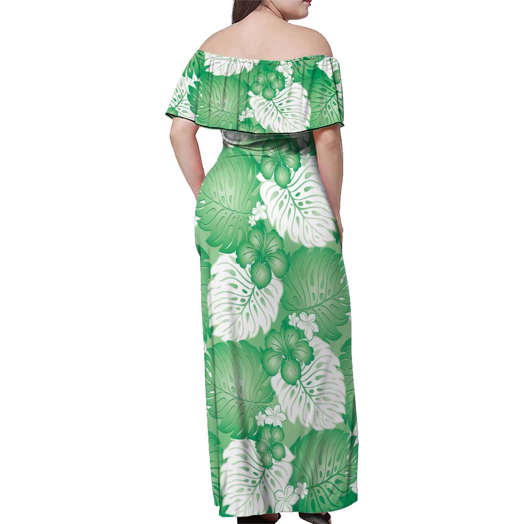 Green Aloha Hawaii Family Matching Off Shoulder Maxi Dress and Hawaiian Shirt Monstera Hibiscus Plumeria Seamless Vibes LT14 - Polynesian Pride