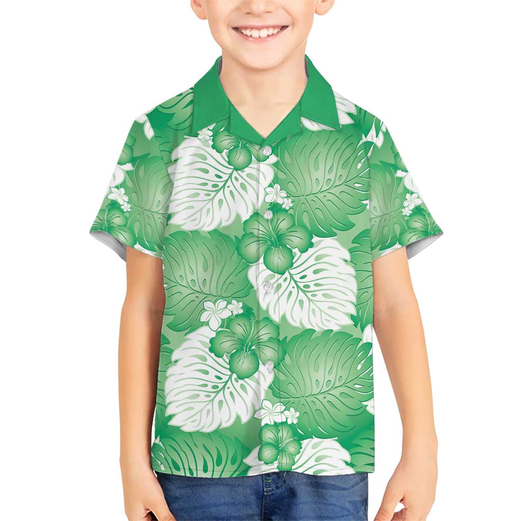 Green Aloha Hawaii Family Matching Off Shoulder Maxi Dress and Hawaiian Shirt Monstera Hibiscus Plumeria Seamless Vibes LT14 Son's Shirt Green - Polynesian Pride