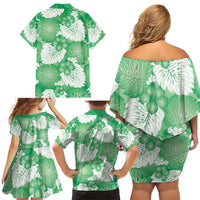Green Aloha Hawaii Family Matching Off Shoulder Short Dress and Hawaiian Shirt Monstera Hibiscus Plumeria Seamless Vibes LT14 - Polynesian Pride