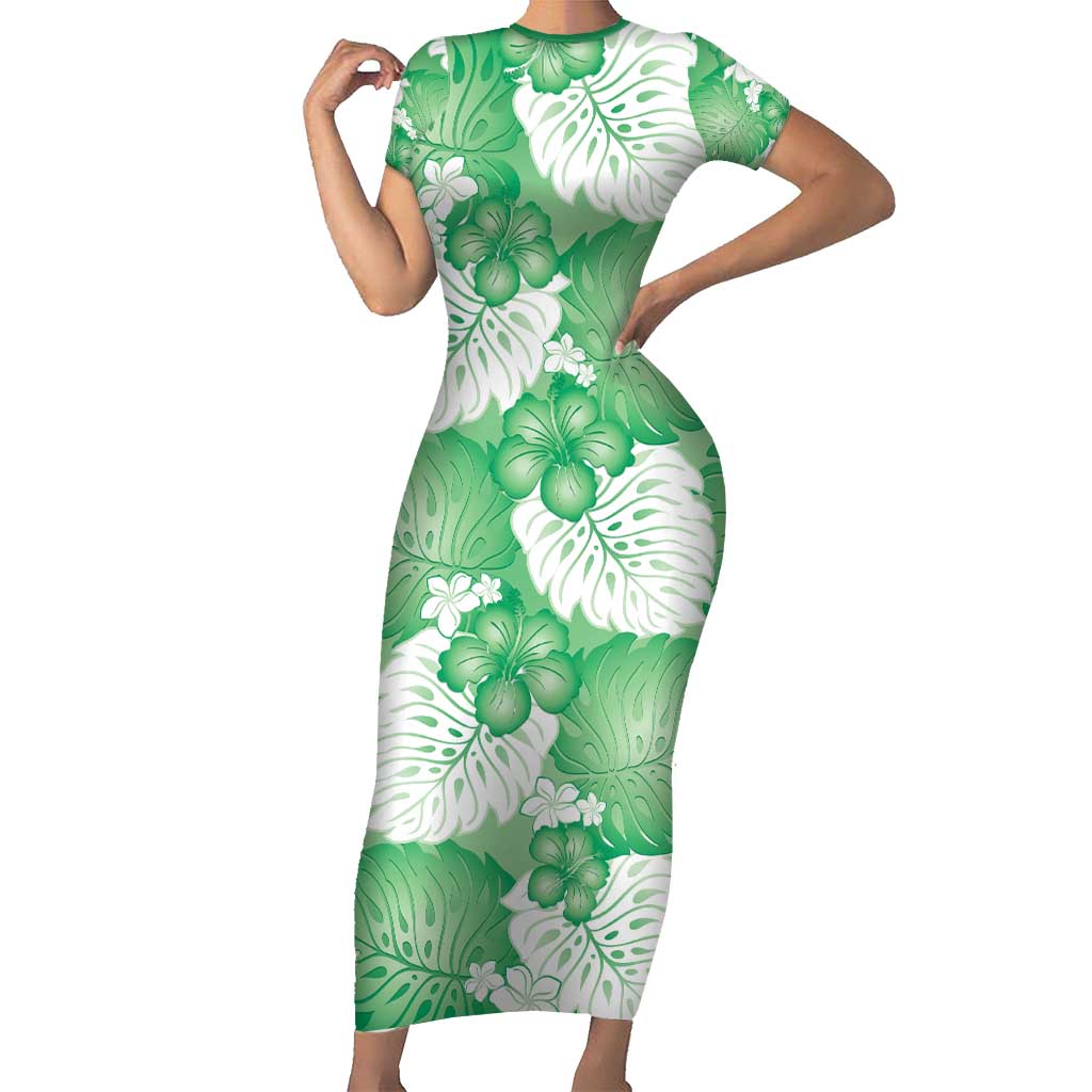 Green Aloha Hawaii Family Matching Short Sleeve Bodycon Dress and Hawaiian Shirt Monstera Hibiscus Plumeria Seamless Vibes LT14 Mom's Dress Green - Polynesian Pride