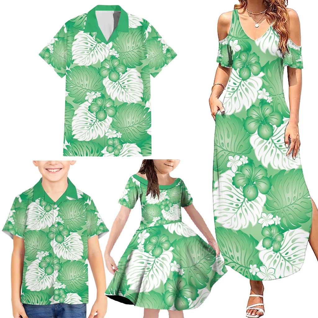Green Aloha Hawaii Family Matching Summer Maxi Dress and Hawaiian Shirt Monstera Hibiscus Plumeria Seamless Vibes LT14 - Polynesian Pride