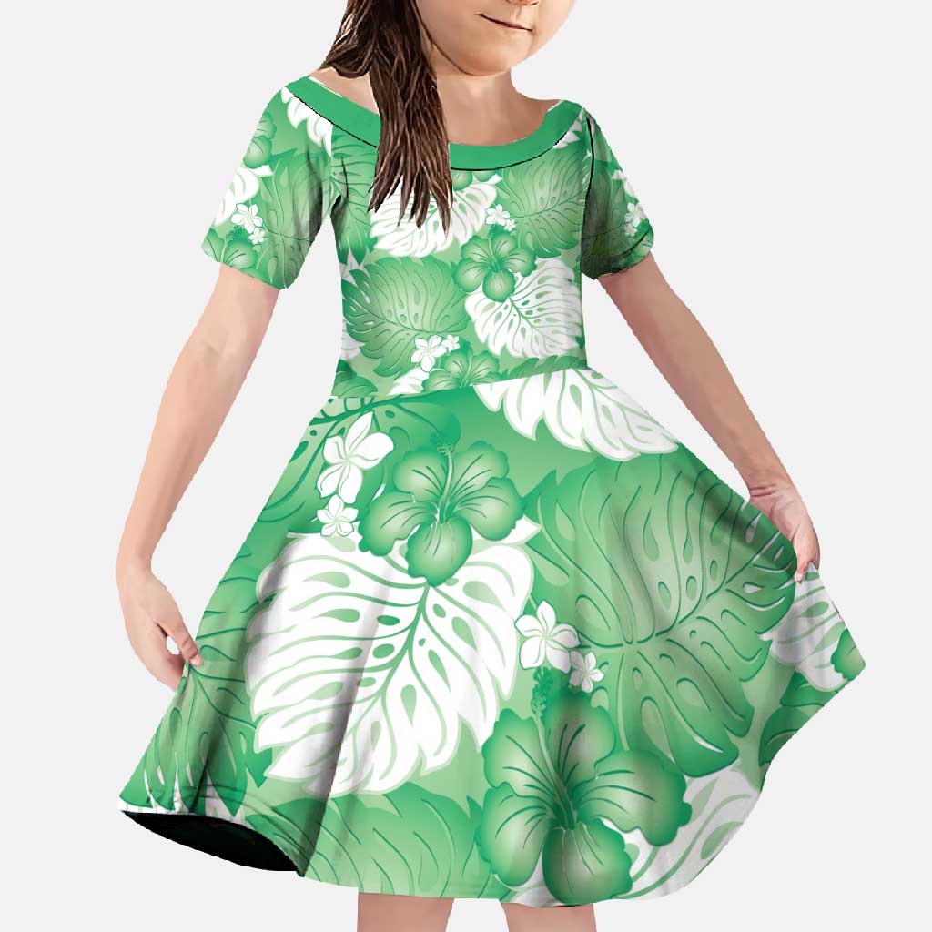 Green Aloha Hawaii Family Matching Tank Maxi Dress and Hawaiian Shirt Monstera Hibiscus Plumeria Seamless Vibes LT14 Daughter's Dress Green - Polynesian Pride