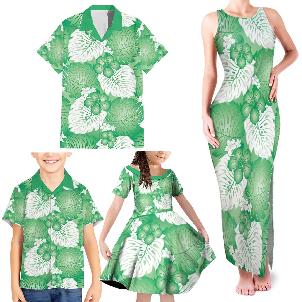 Green Aloha Hawaii Family Matching Tank Maxi Dress and Hawaiian Shirt Monstera Hibiscus Plumeria Seamless Vibes LT14 - Polynesian Pride