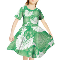 Green Aloha Hawaii Kid Short Sleeve Dress Monstera Hibiscus Plumeria Seamless Vibes LT14 - Polynesian Pride