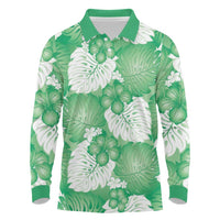 Green Aloha Hawaii Long Sleeve Polo Shirt Monstera Hibiscus Plumeria Seamless Vibes LT14 Green - Polynesian Pride