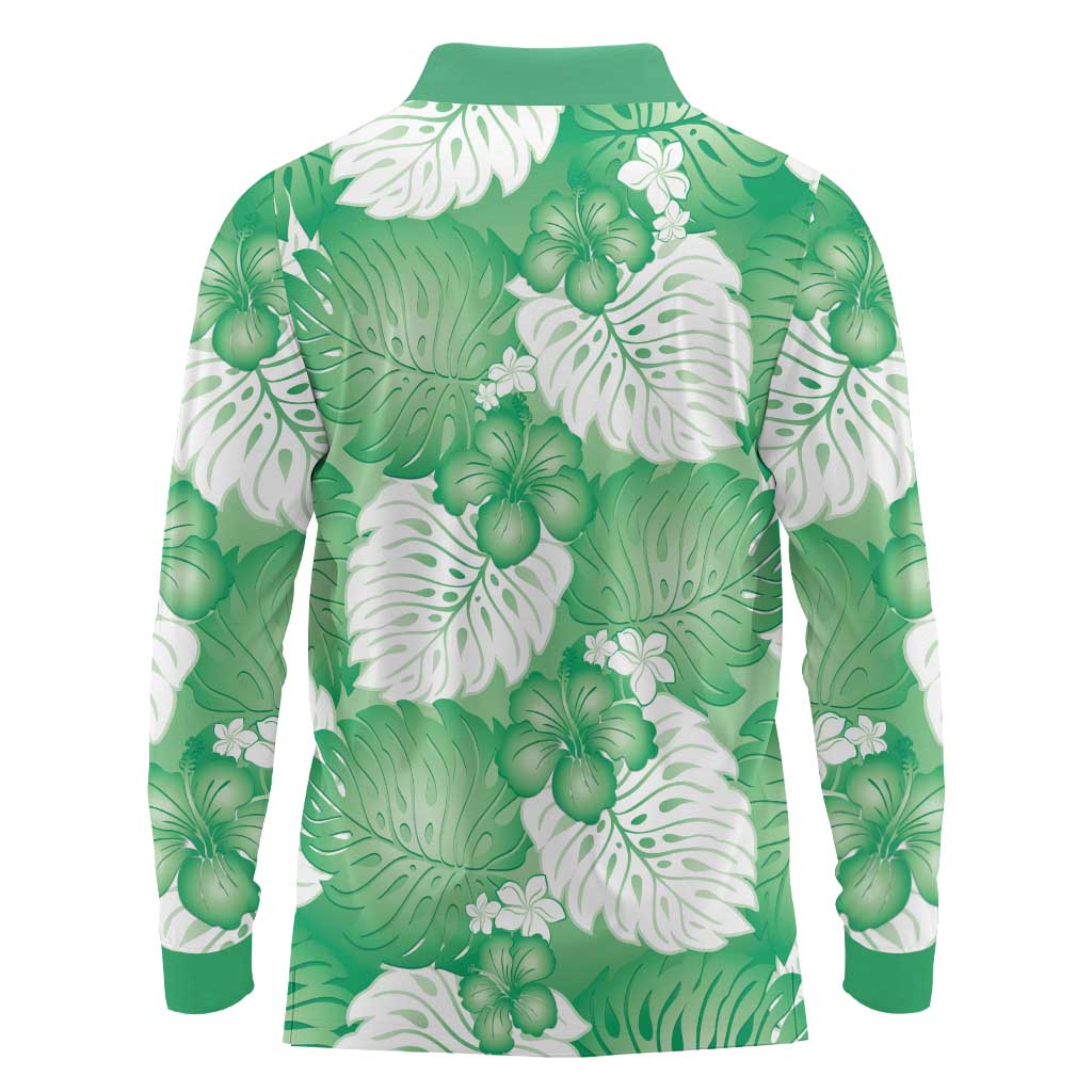 Green Aloha Hawaii Long Sleeve Polo Shirt Monstera Hibiscus Plumeria Seamless Vibes LT14 - Polynesian Pride