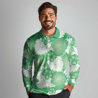Green Aloha Hawaii Long Sleeve Polo Shirt Monstera Hibiscus Plumeria Seamless Vibes LT14 - Polynesian Pride