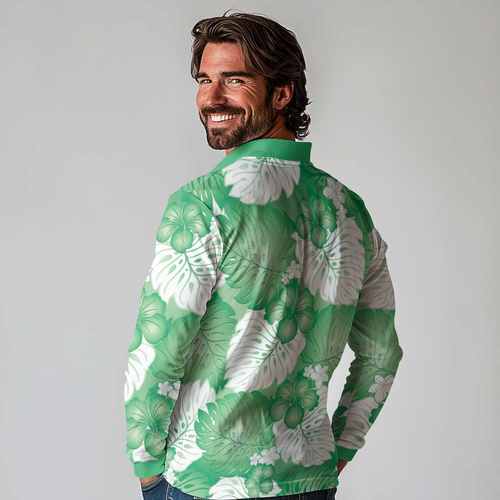 Green Aloha Hawaii Long Sleeve Polo Shirt Monstera Hibiscus Plumeria Seamless Vibes LT14 - Polynesian Pride