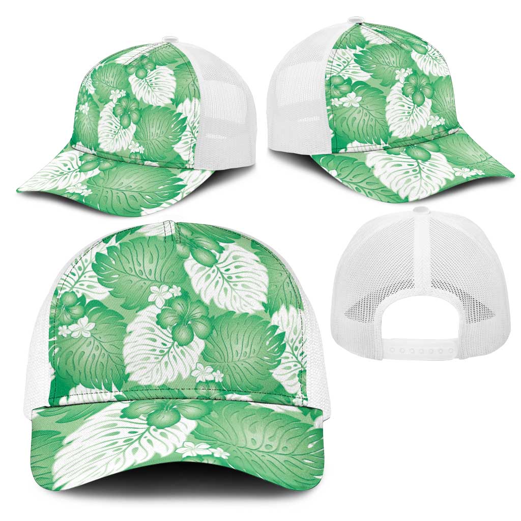 Green Aloha Hawaii Mesh Trucker Cap Monstera Hibiscus Plumeria Seamless Vibes - Polynesian Pride