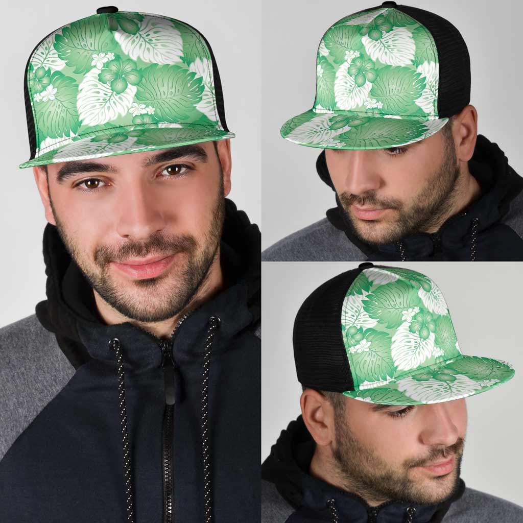 Green Aloha Hawaii Mesh Trucker Cap Monstera Hibiscus Plumeria Seamless Vibes - Polynesian Pride