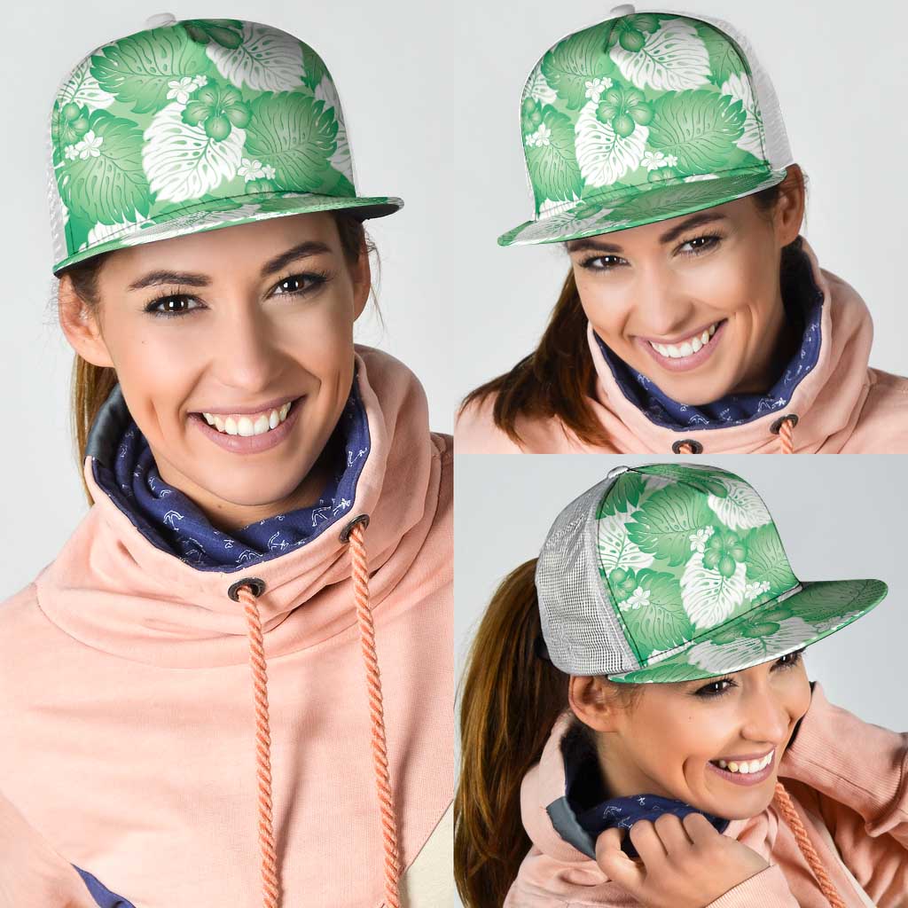 Green Aloha Hawaii Mesh Trucker Cap Monstera Hibiscus Plumeria Seamless Vibes - Polynesian Pride