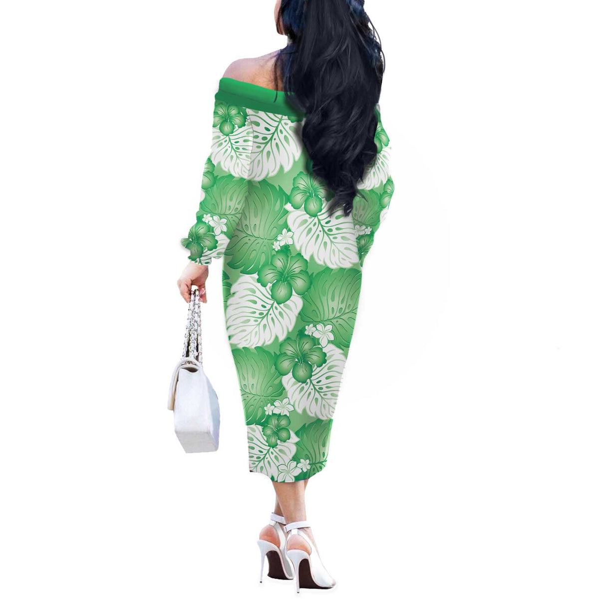 Green Aloha Hawaii Off The Shoulder Long Sleeve Dress Monstera Hibiscus Plumeria Seamless Vibes LT14 - Polynesian Pride