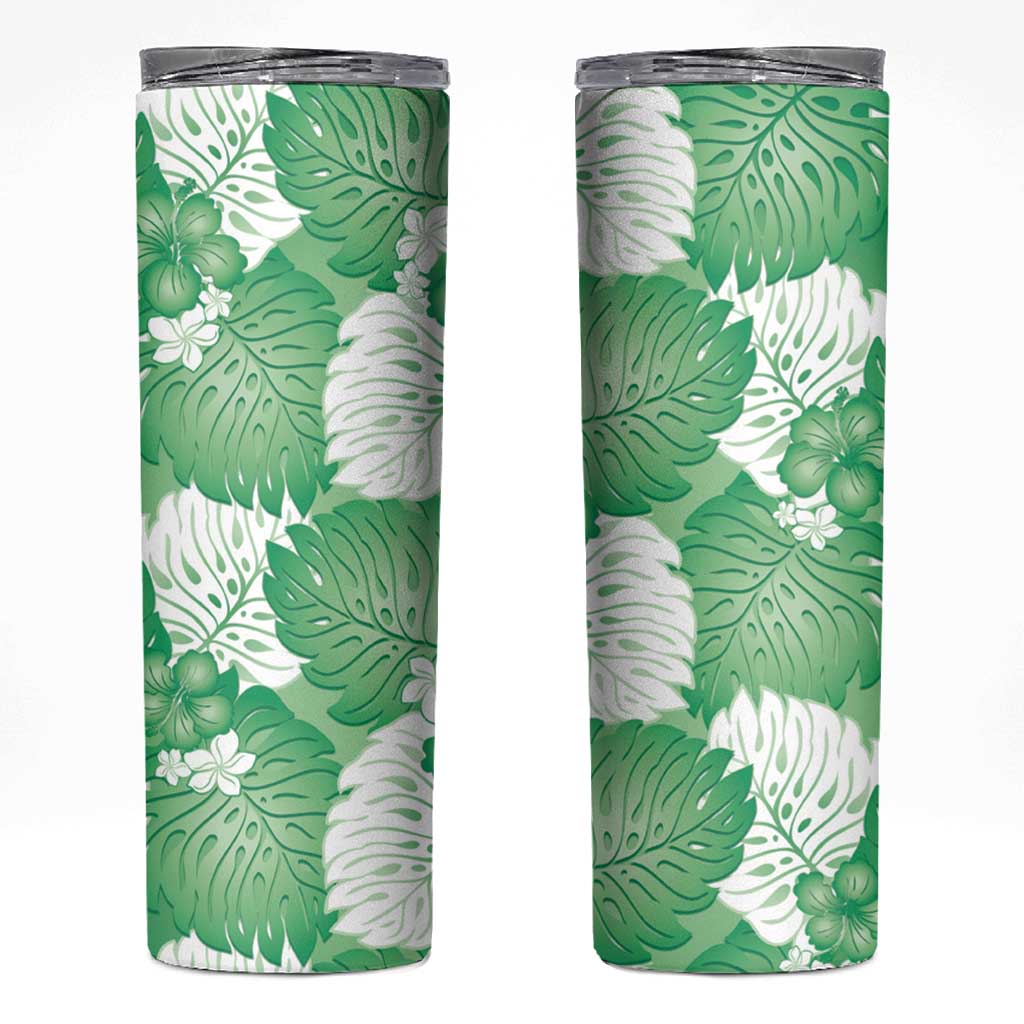 Green Aloha Hawaii Skinny Tumbler Monstera Hibiscus Plumeria Seamless Vibes LT14 Green - Polynesian Pride
