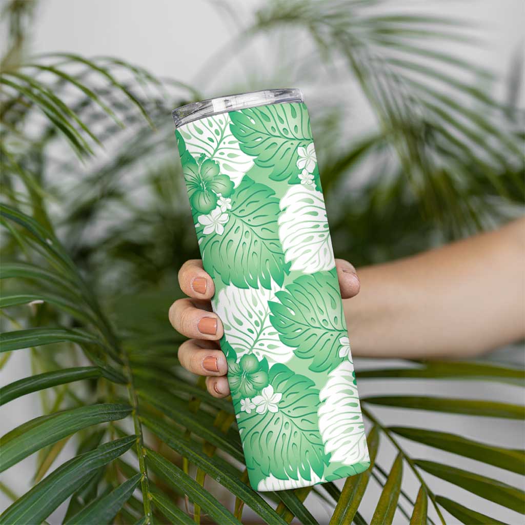Green Aloha Hawaii Skinny Tumbler Monstera Hibiscus Plumeria Seamless Vibes LT14 - Polynesian Pride