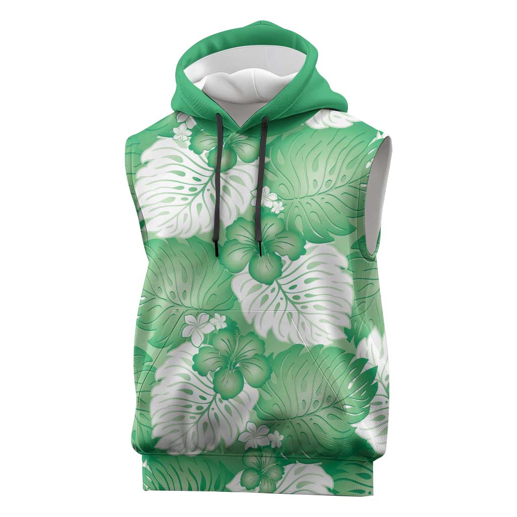 Green Aloha Hawaii Sleeveless Hoodie Monstera Hibiscus Plumeria Seamless Vibes LT14 Green - Polynesian Pride