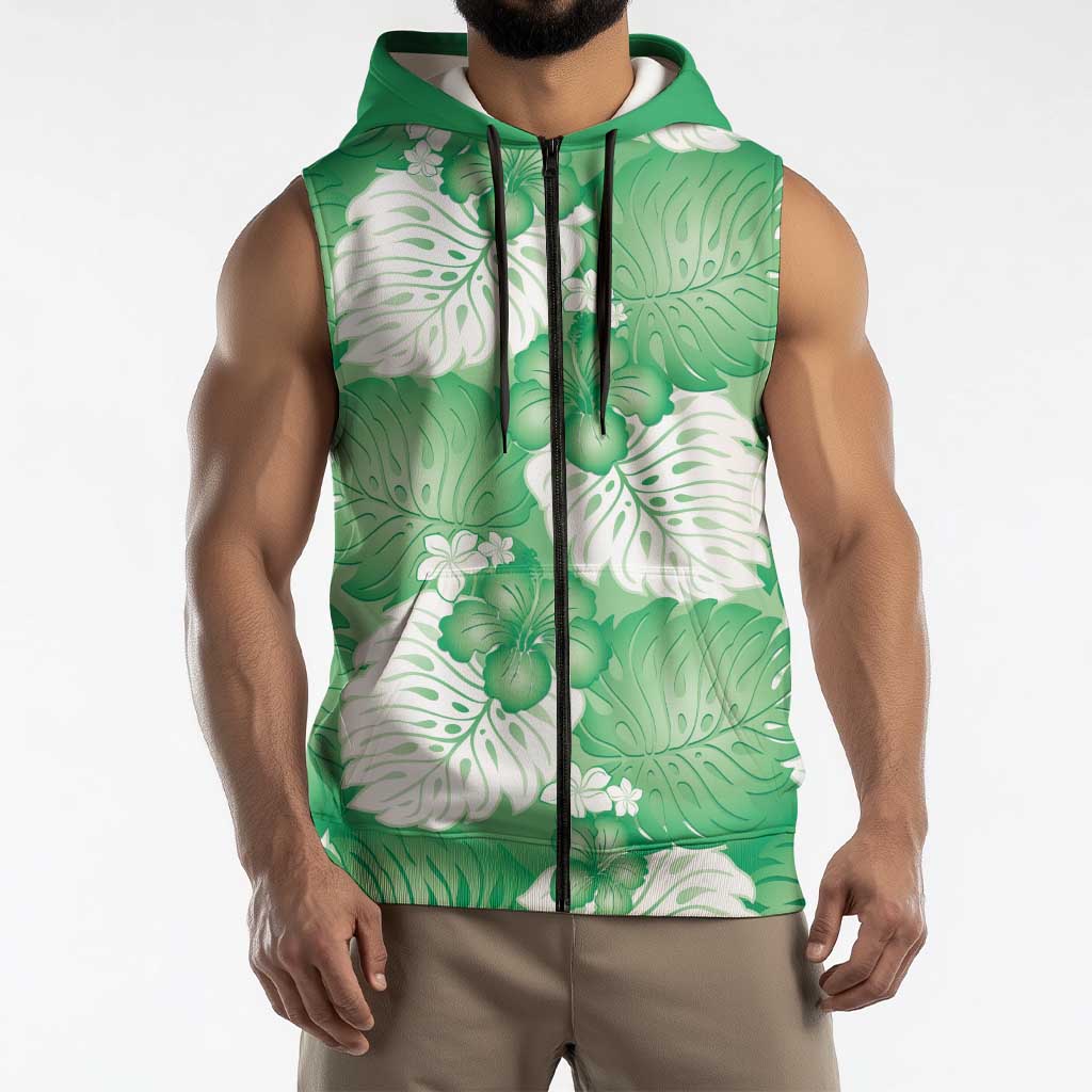 Green Aloha Hawaii Sleeveless Zip Hoodie Monstera Hibiscus Plumeria Seamless Vibes LT14 - Polynesian Pride