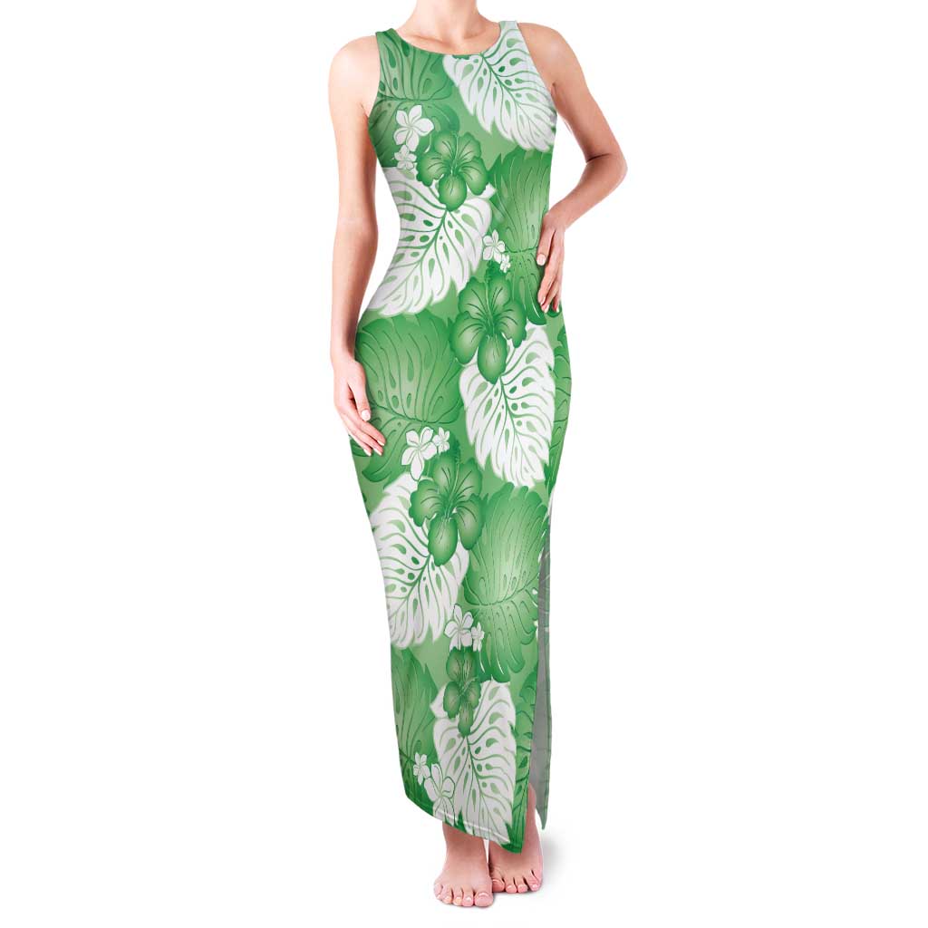 Green Aloha Hawaii Tank Maxi Dress Monstera Hibiscus Plumeria Seamless Vibes LT14 Women Green - Polynesian Pride