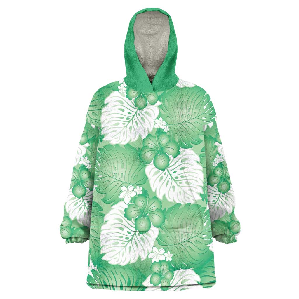 Green Aloha Hawaii Wearable Blanket Hoodie Monstera Hibiscus Plumeria Seamless Vibes LT14 One Size Green - Polynesian Pride