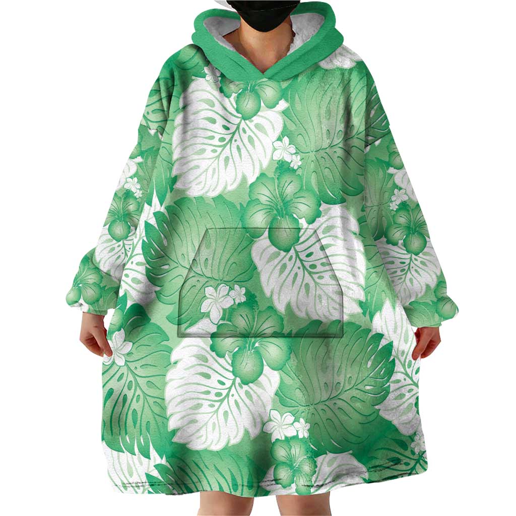 Green Aloha Hawaii Wearable Blanket Hoodie Monstera Hibiscus Plumeria Seamless Vibes LT14 - Polynesian Pride
