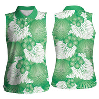 Green Aloha Hawaii Women Sleeveless Polo Shirt Monstera Hibiscus Plumeria Seamless Vibes LT14 - Polynesian Pride