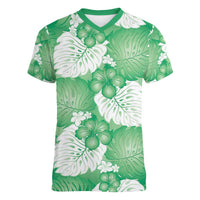Green Aloha Hawaii Women V-Neck T-Shirt Monstera Hibiscus Plumeria Seamless Vibes LT14 Female Green - Polynesian Pride