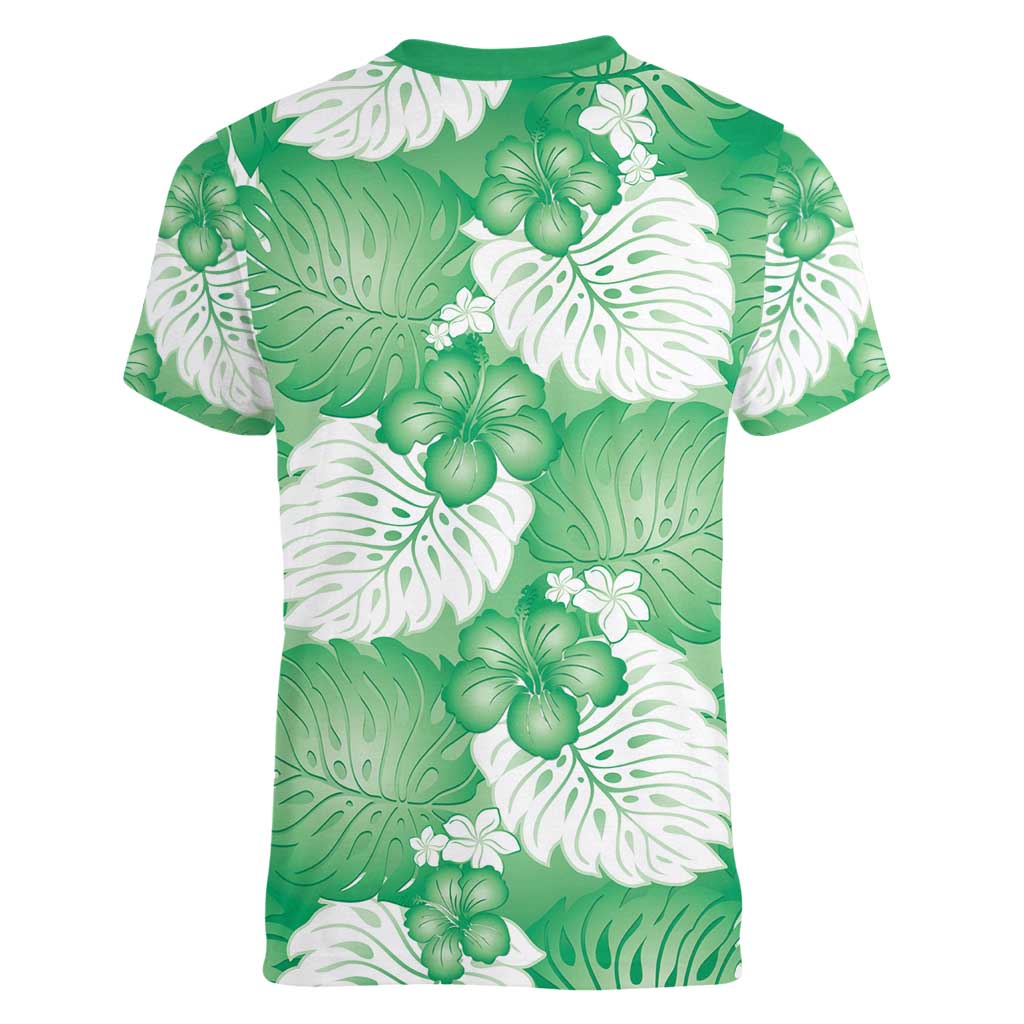 Green Aloha Hawaii Women V-Neck T-Shirt Monstera Hibiscus Plumeria Seamless Vibes LT14 - Polynesian Pride